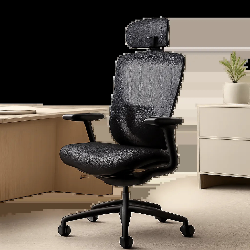 Une chaise de bureau ergonomique moderne mise en scène dans un espace de travail premium. L’image doit évoquer confort, réglages et maintien pour le télétravail.