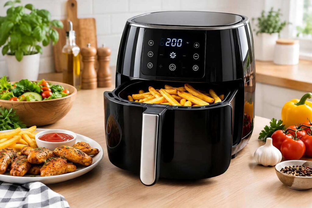 Appareil à airfryer noir cuisant frites et poulet sur plan de travail