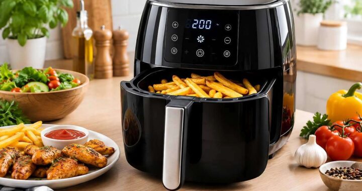 Appareil à airfryer noir cuisant frites et poulet sur plan de travail